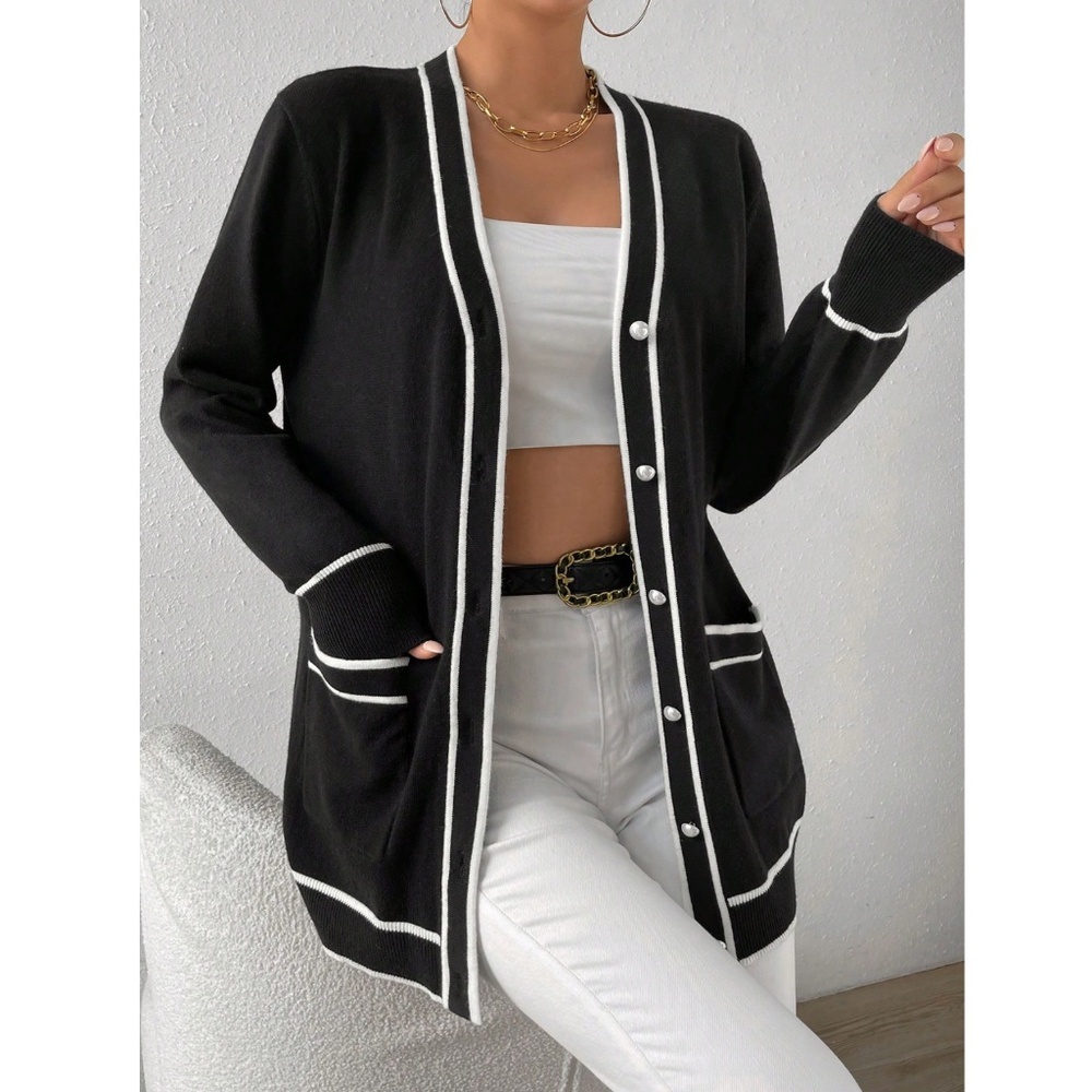 Black Cardigan Button Front White Contrast Trim Long Sleeve, with Pockets
